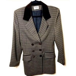 Vintage SANDRO Paris Brown Checked Double-Breasted Velvet Trim Blazer Sz S